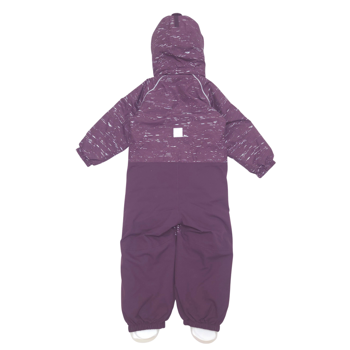 A hooded snowsuit in a color-blocked design, featuring a heathered purple upper body and hood with white speckles, and a solid darker purple lower body and legs.