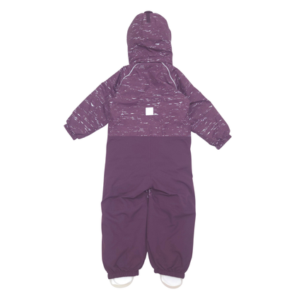 A hooded snowsuit in a color-blocked design, featuring a heathered purple upper body and hood with white speckles, and a solid darker purple lower body and legs.
