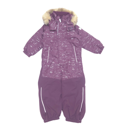 A children's one-piece snowsuit in a heathered purple color, featuring a faux-fur trimmed hood, white zipper accents, and elasticated leg cuffs, shown against a plain white background.