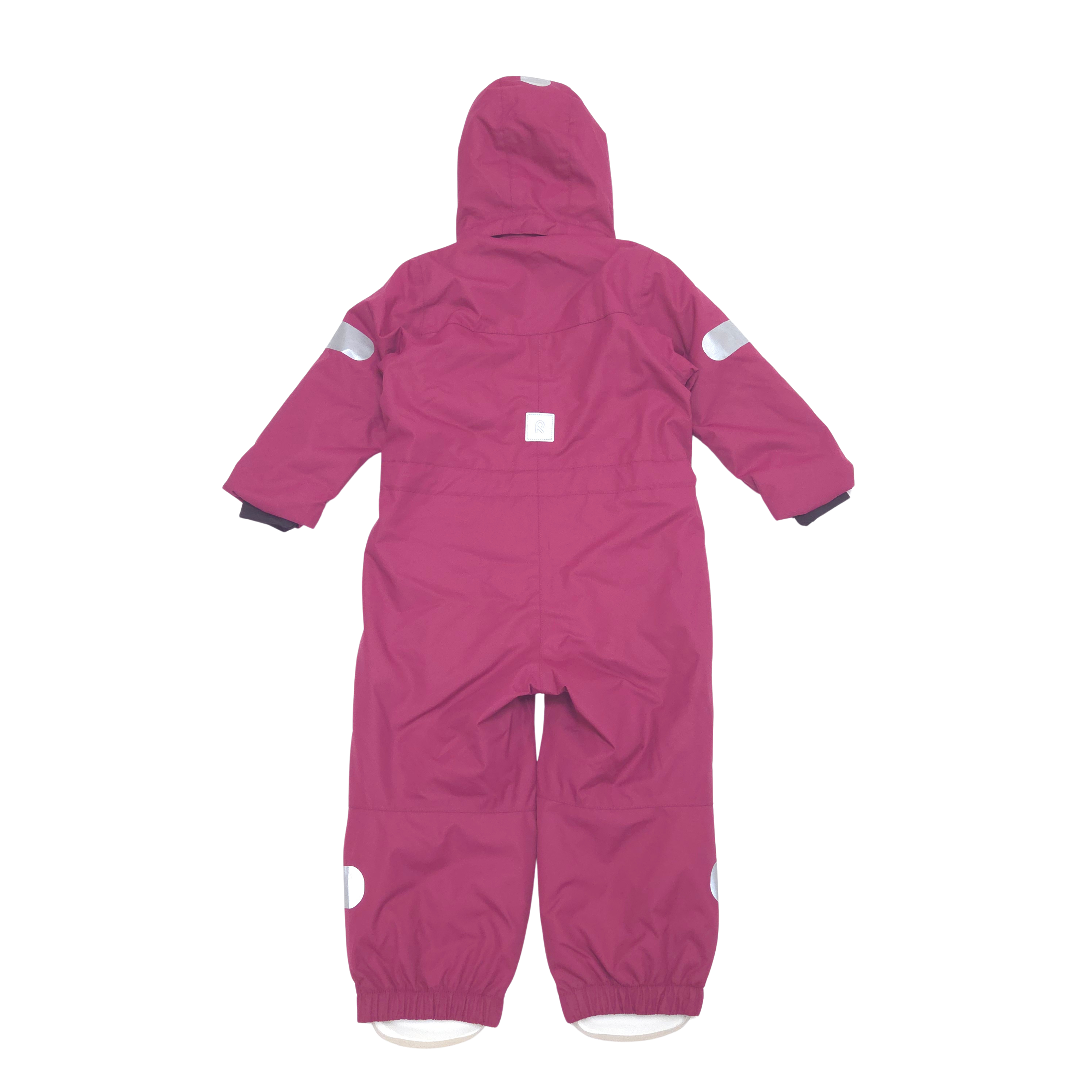 A magenta pink hooded lined shell suit  shown from the back, featuring reflective silver patches on the shoulders and legs, and elasticated cuffs and ankles, displayed on a solid white background.