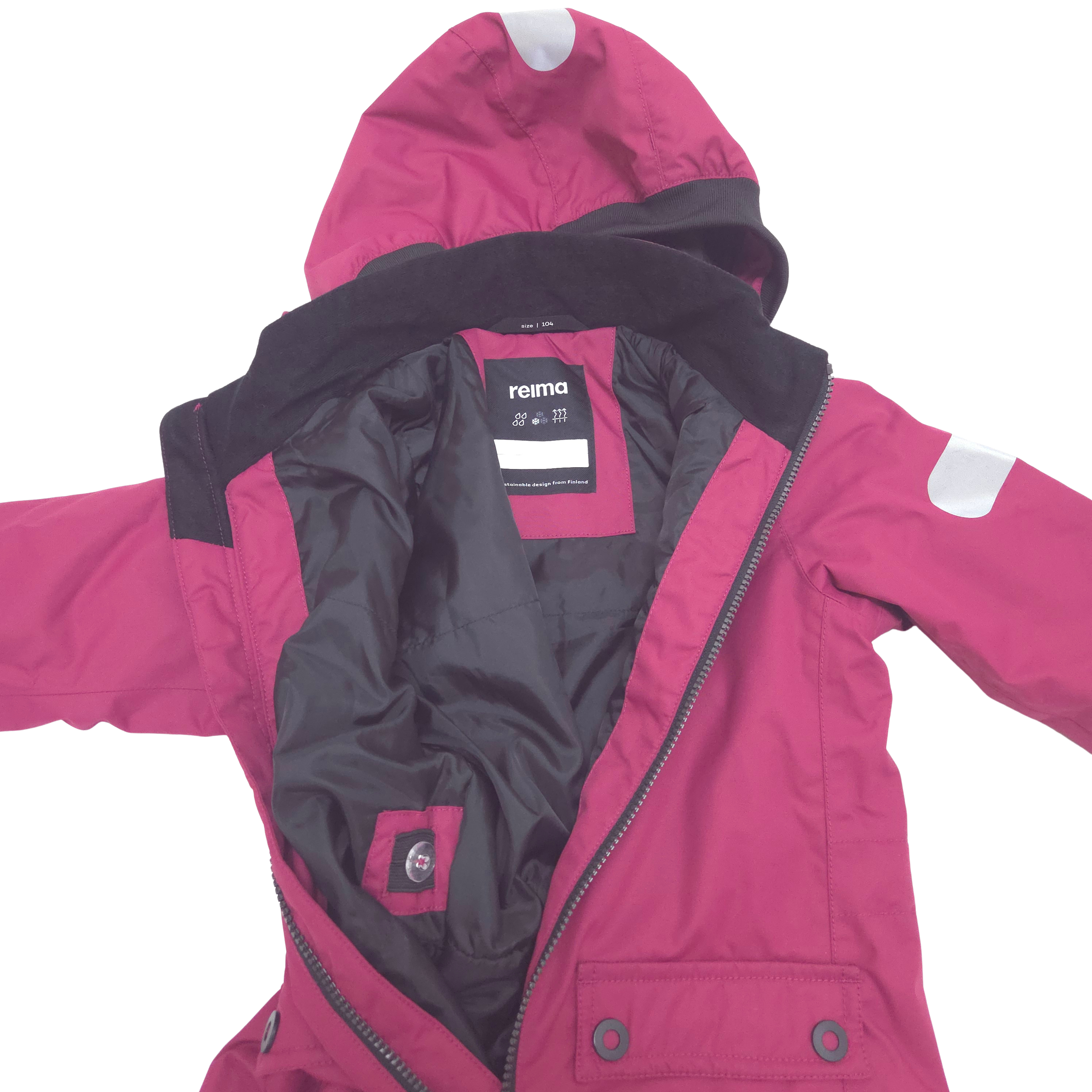 A magenta pink hooded lined shell suit shown open against a white background, with the brand name 'reima' visible on the inner neck label. Integrated waist adjuster with buttons make it easy to fine-tune the fit