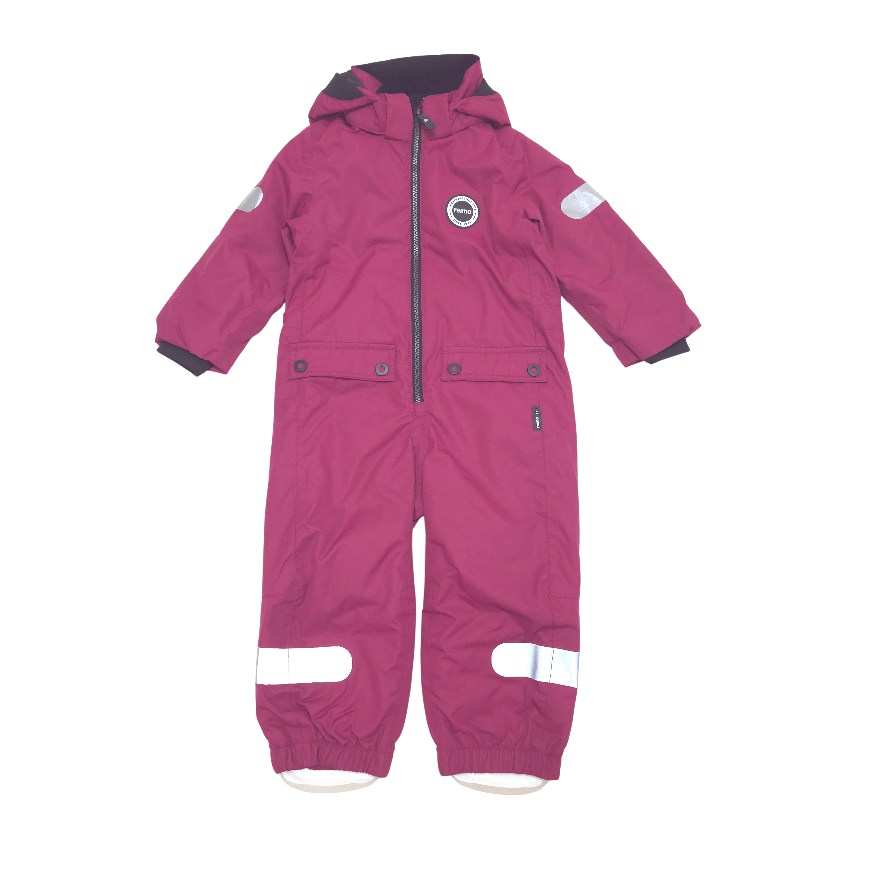 A magenta pink hooded lined shell suit with white reflective patches on the sleeves and legs, shown flat on a white background.
