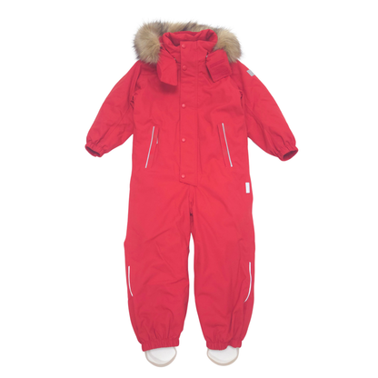 A bright red children's snowsuit with a faux-fur trimmed hood, front snap closure, zippered pockets, and elastic ankle cuffs, shown on a plain white background.
