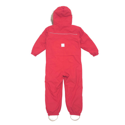 A red one-piece snowsuit with long sleeves, a hood with faux fur trim, and elasticated ankle cuffs, shown from the back on a white background.