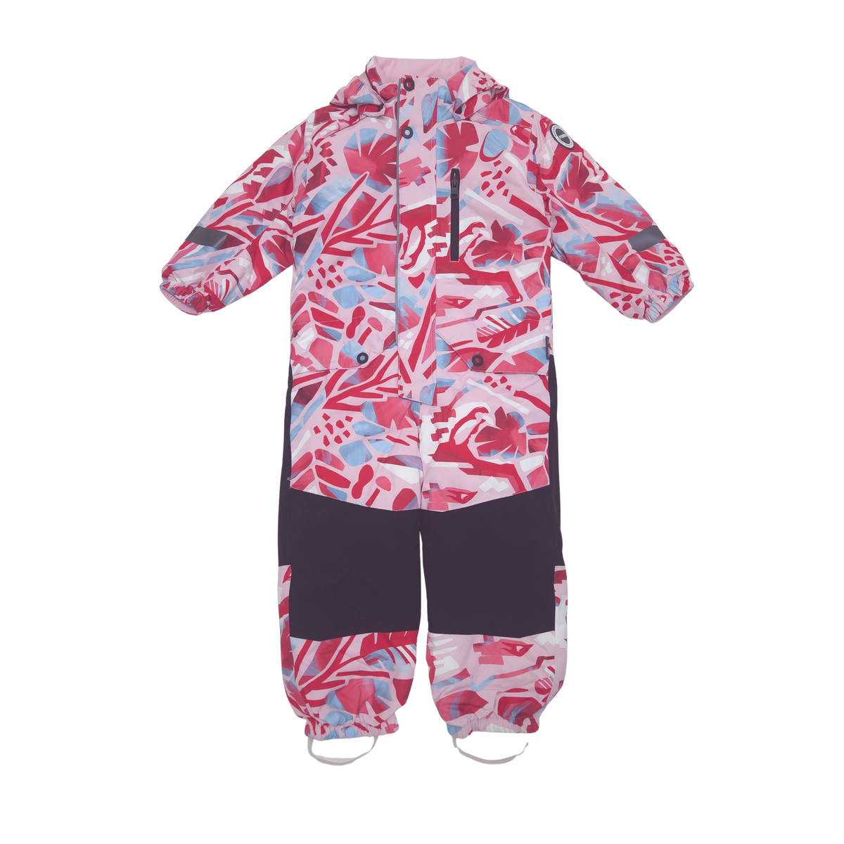 A kids's one-piece hooded snowsuit featuring a pink, red, and light blue tropical floral pattern with solid dark navy panels on the legs and cuffs.