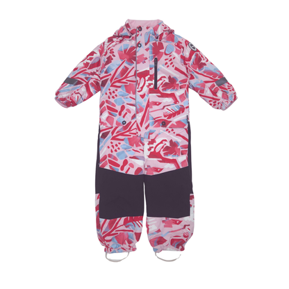 A kids's one-piece hooded snowsuit featuring a pink, red, and light blue tropical floral pattern with solid dark navy panels on the legs and cuffs.
