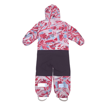 A children's hooded snowsuit shown from the back, featuring a pink and light blue tropical floral pattern on the upper body and hood, solid black lower legs, and reflective silver patches on the lower legs.