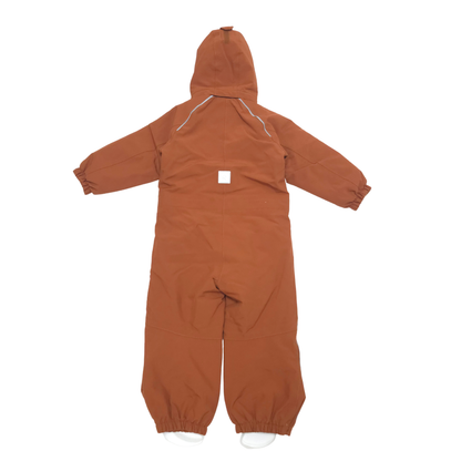 A brown hooded snowsuit shown from the back on a clean white background.
