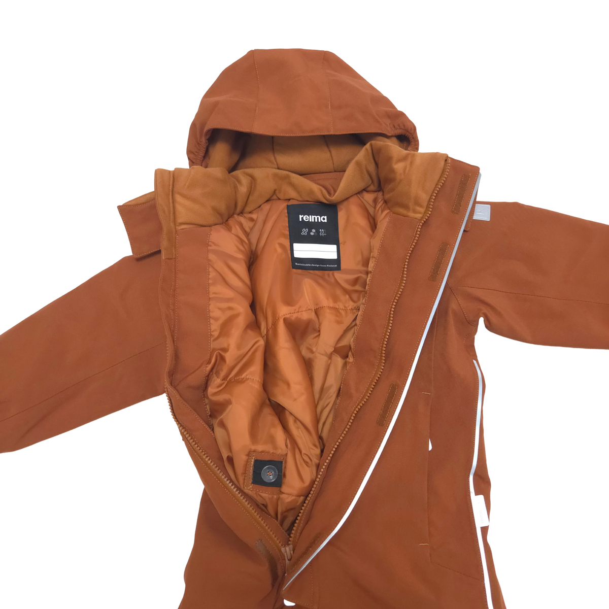 An brown hooded snowsuit jacket shown open against a white background, displaying the inner lining, a black 'reima' brand label, and a white piping accent along the zipper.Integrated waist adjuster with buttons make it easy to fine-tune the fit
