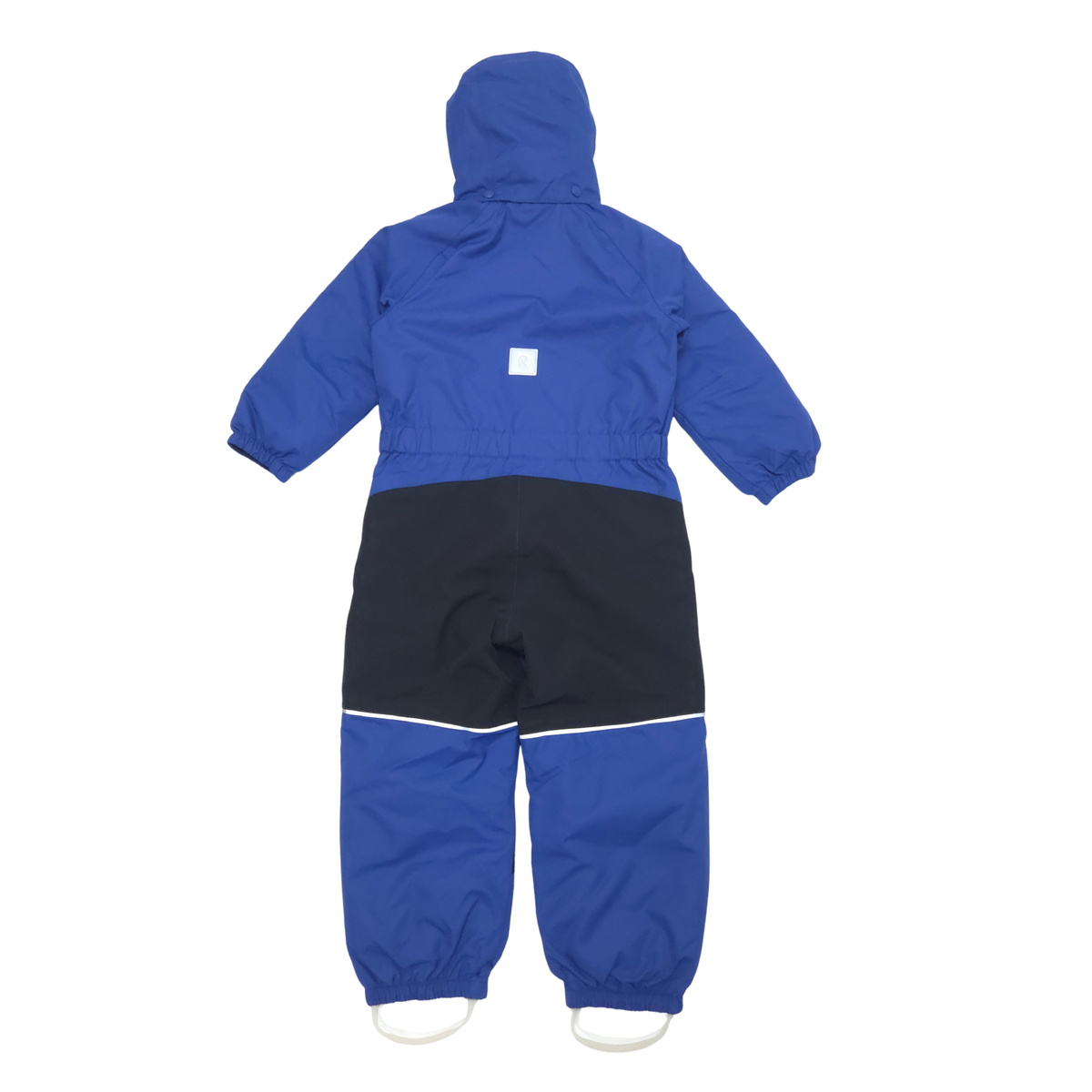 A hooded one-piece snowsuit shown from the back, featuring a royal blue upper section and hood, a black middle panel, and royal blue lower legs with a thin reflective stripe detail.