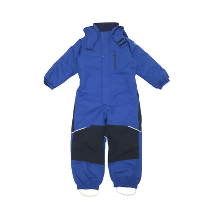 A children's hooded snowsuit in royal blue with black color-blocked panels on the legs, shown flat against a white background.
