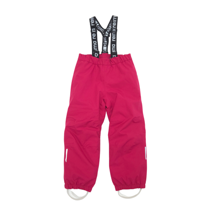 Bright pink children's snow pants with adjustable black suspenders featuring white text, shown flat on a white background.