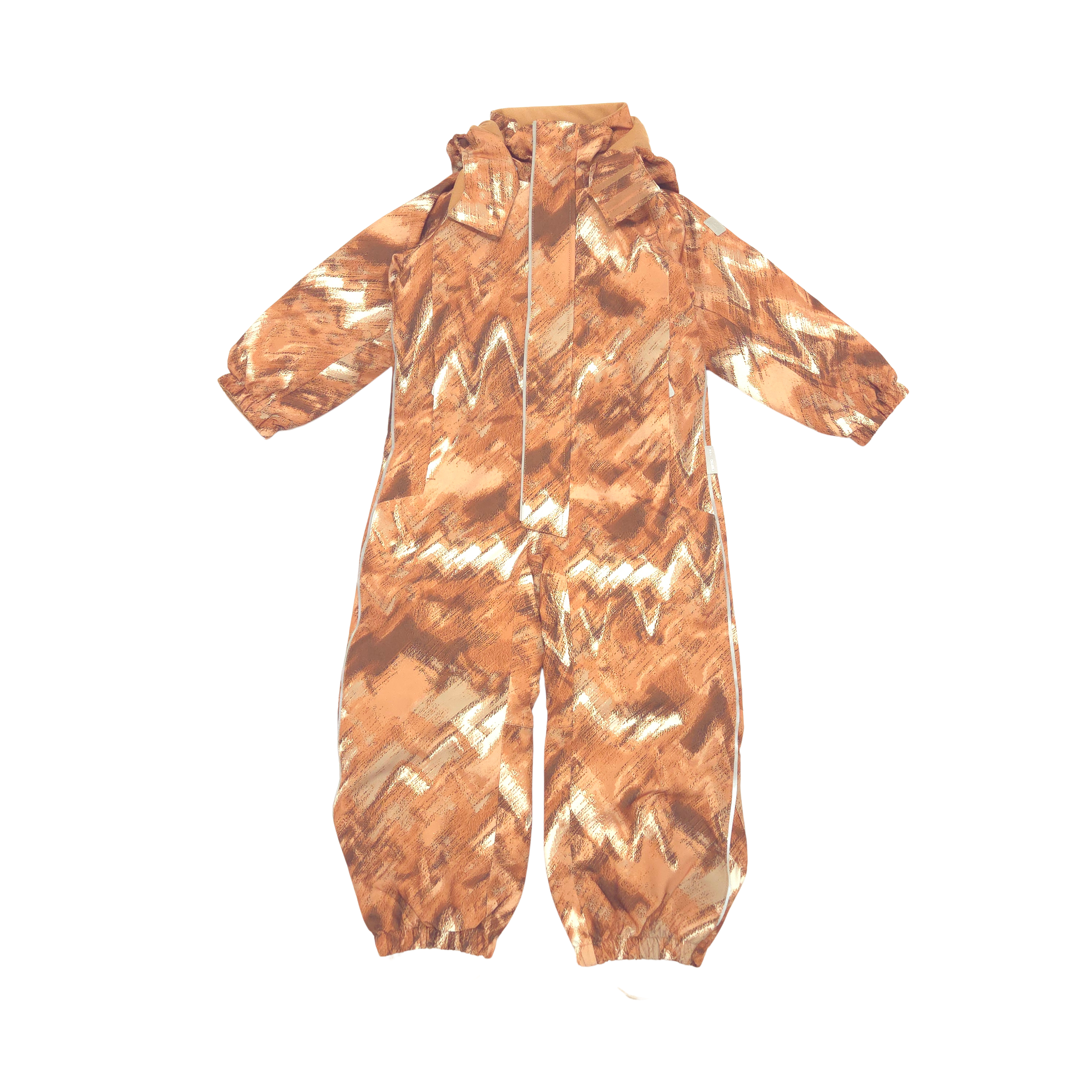 A hooded one-piece snow suit with a brown, orange, and beige zigzag pattern, shown flat against a white background.