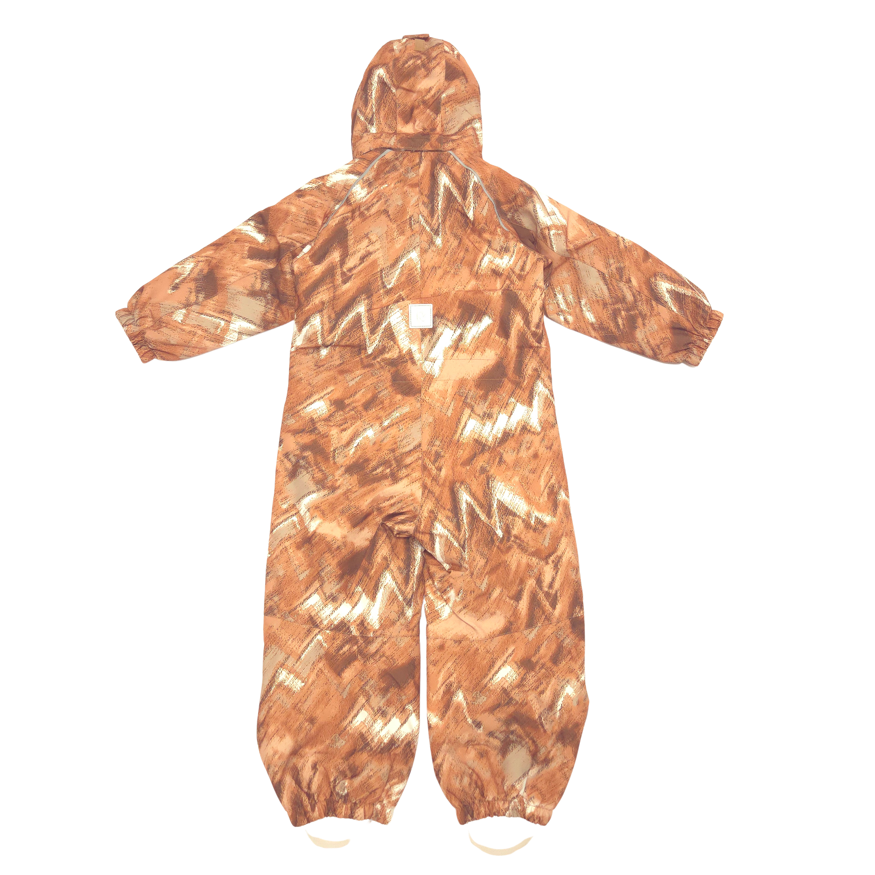 A hooded one-piece snow suit with a brown, orange, and beige zigzag pattern shown from back, flat against a white background.