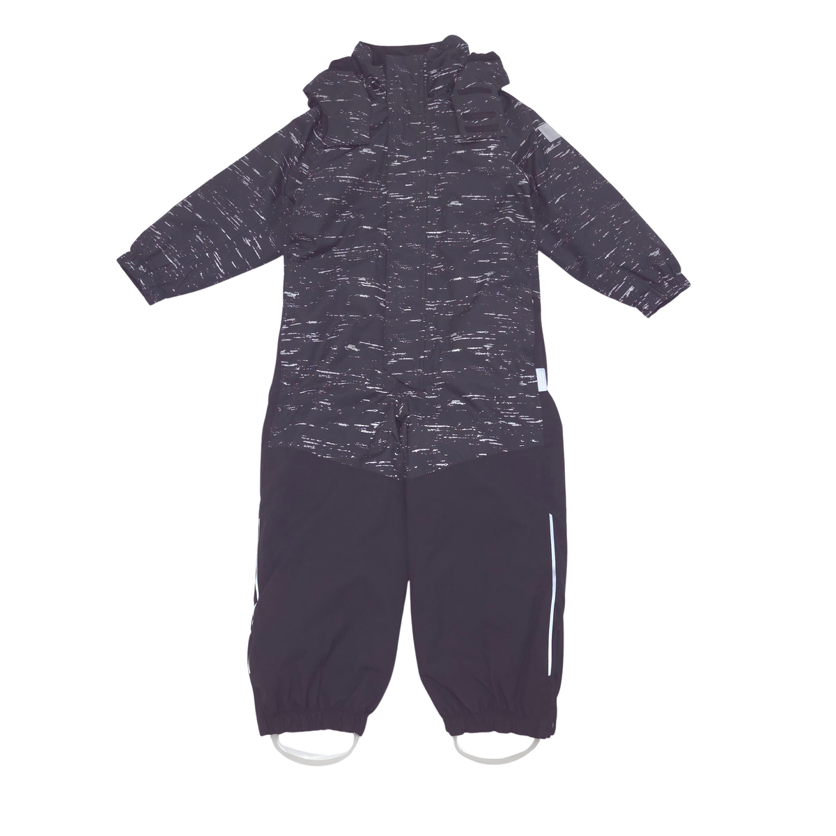 A hooded snowsuit in a dark charcoal gray and white heathered pattern on the upper body, with solid black pants featuring white side stripes and elastic cuffed ankles.