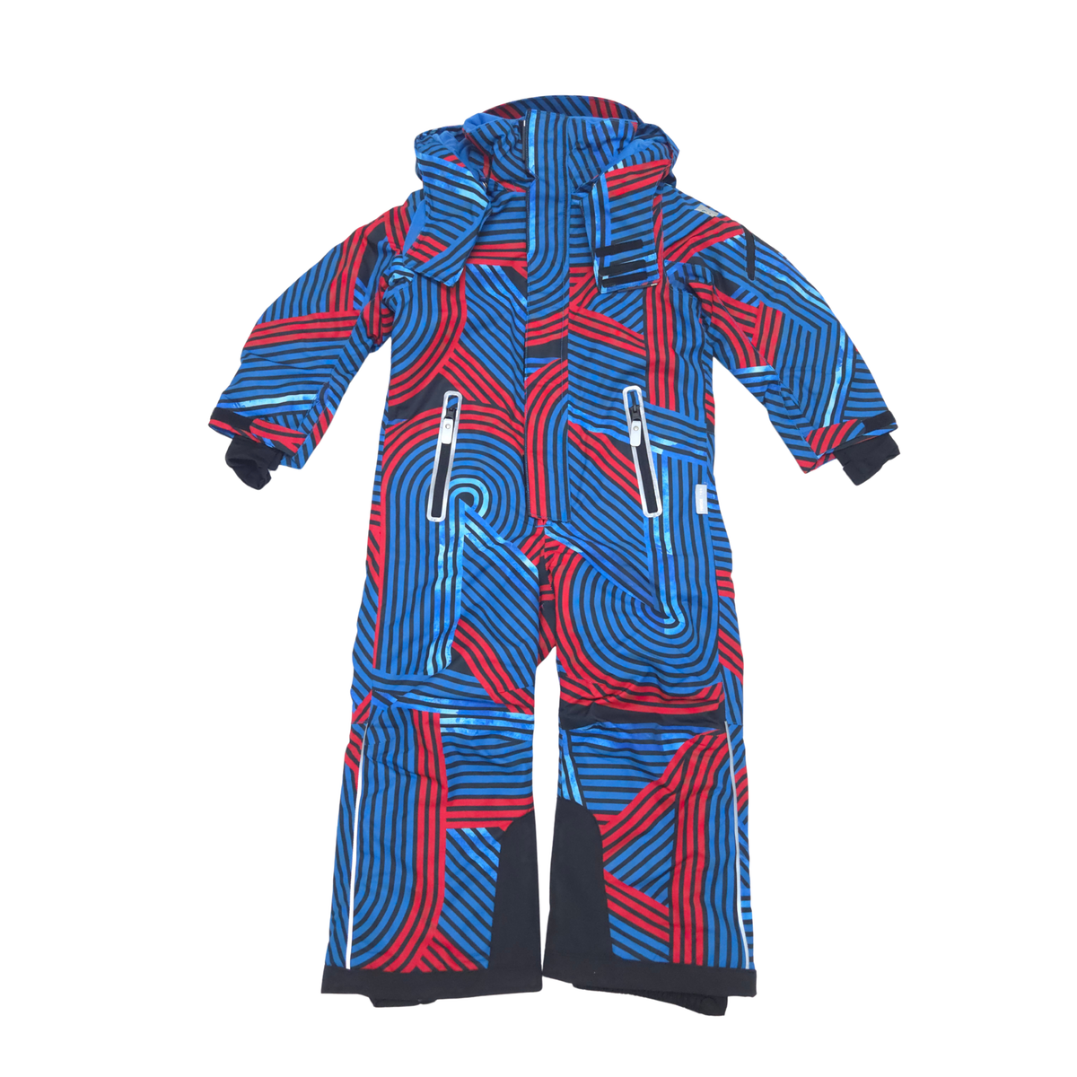 A hooded one-piece snowsuit with a bold abstract geometric pattern in blue and red, featuring multiple zippered pockets and black trim.