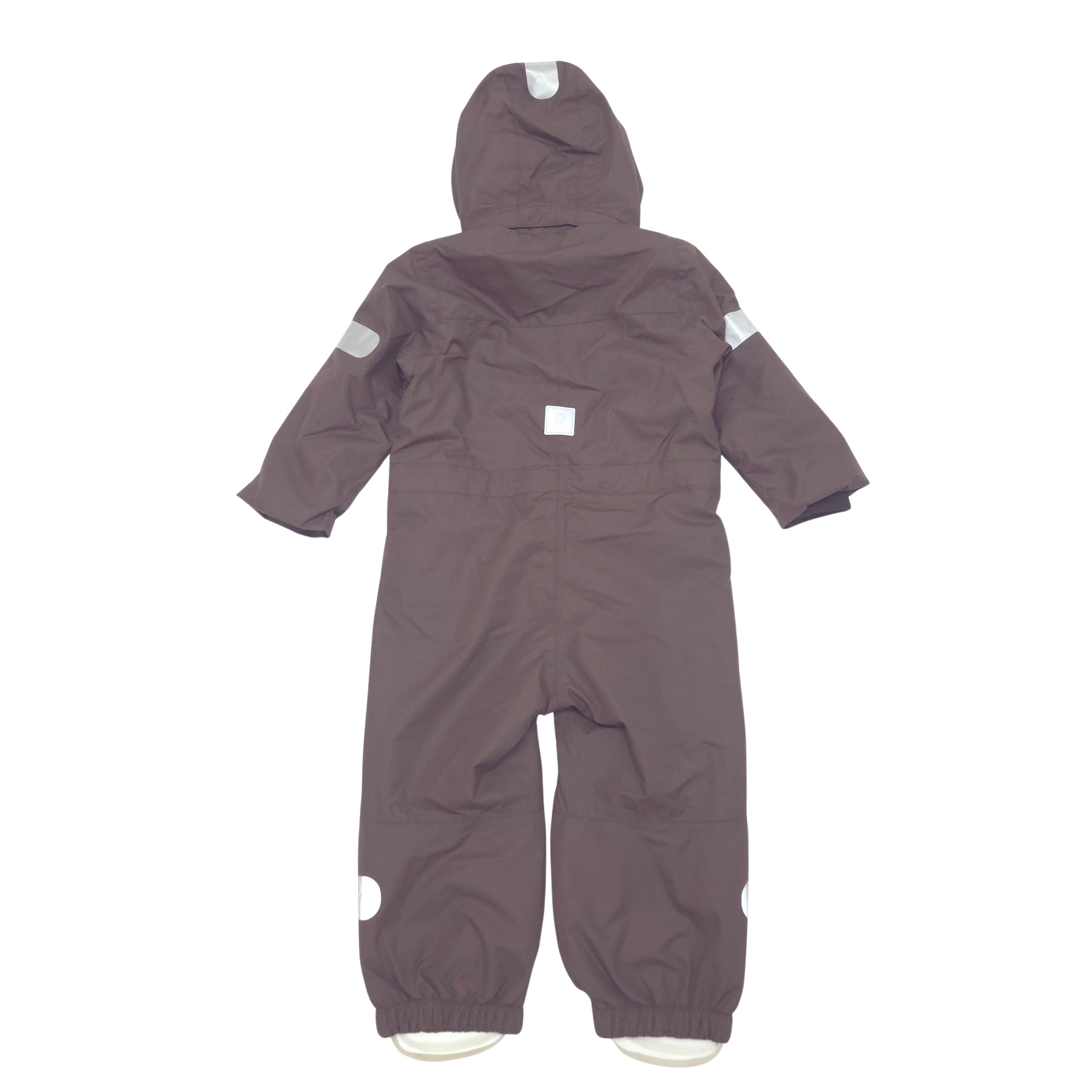 A dark brown hooded lined shell rainsuit with reflective stripes on the sleeves and legs back image