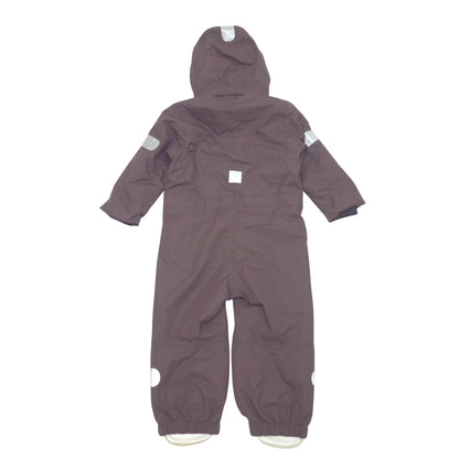 A dark brown hooded lined shell rainsuit with reflective stripes on the sleeves and legs back image