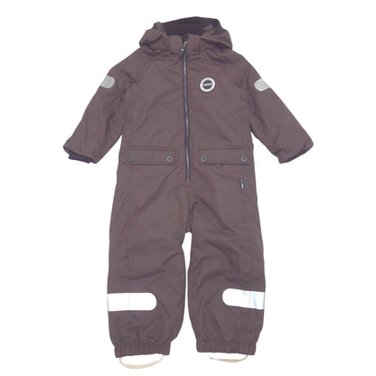 A dark brown hooded lined shell rainsuit with reflective stripes on the sleeves and legs, featuring a front zipper and snap-button pockets, shown against a plain white background.
