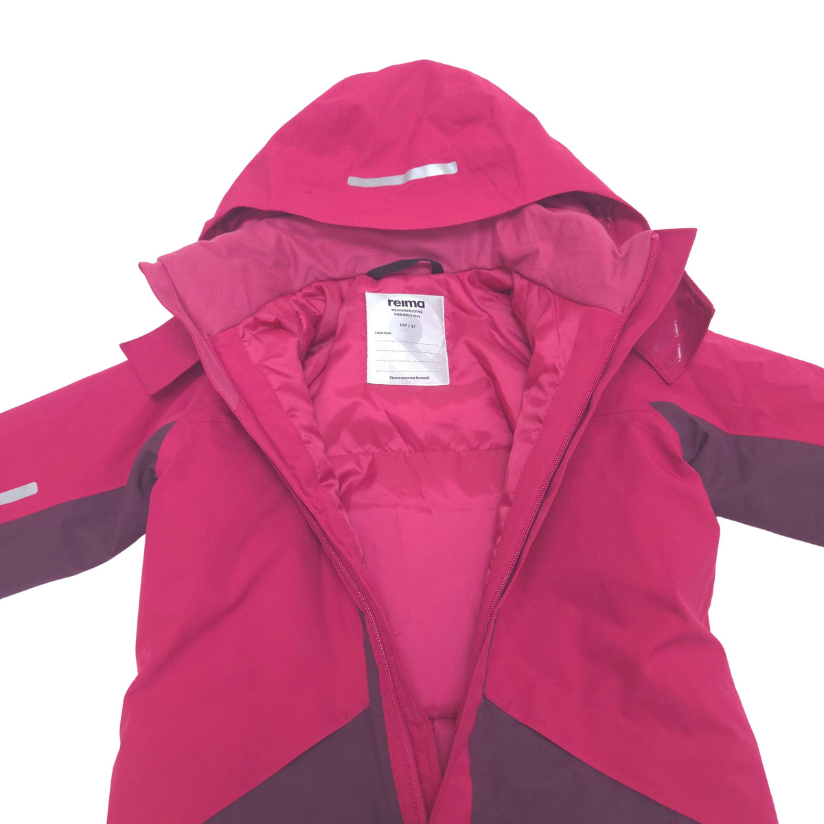 A pink hooded shell suit with dark purple color blocking on the sleeves and lower body, shown flat against a white background. The brand label 'REMA' is visible inside the collar.