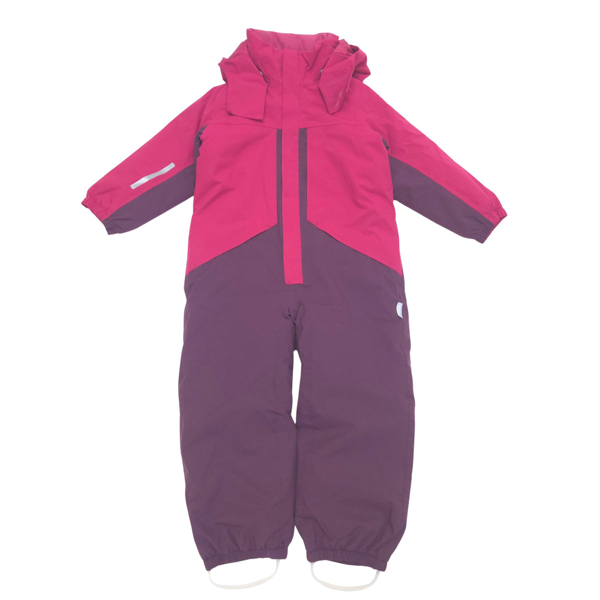 A children's hooded lined shell in two-tone pink and purple, featuring a front zipper, long sleeves, and elasticized ankle cuffs, shown against a plain white background.