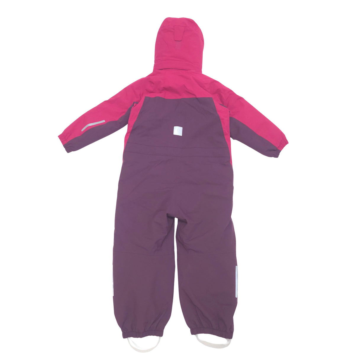A children's hooded lined shell suit shown from the back, featuring a bright pink hood and upper back, magenta sleeves, and a dark purple lower body and legs.
