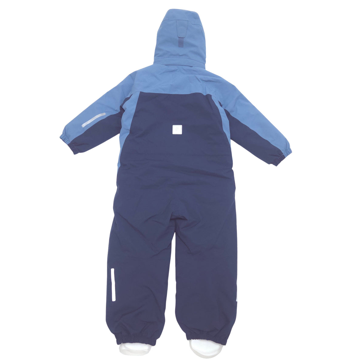 A hooded children's shell suit shown from the back, featuring a light blue upper section and hood, dark navy lower body, and white reflective striping on the sleeves and leg.