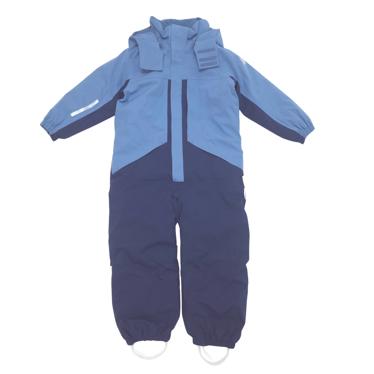 A children's one-piece lined shell suit in two-tone blue, featuring a light blue upper section and hood with dark navy lower legs and sleeves, shown against a plain white background.