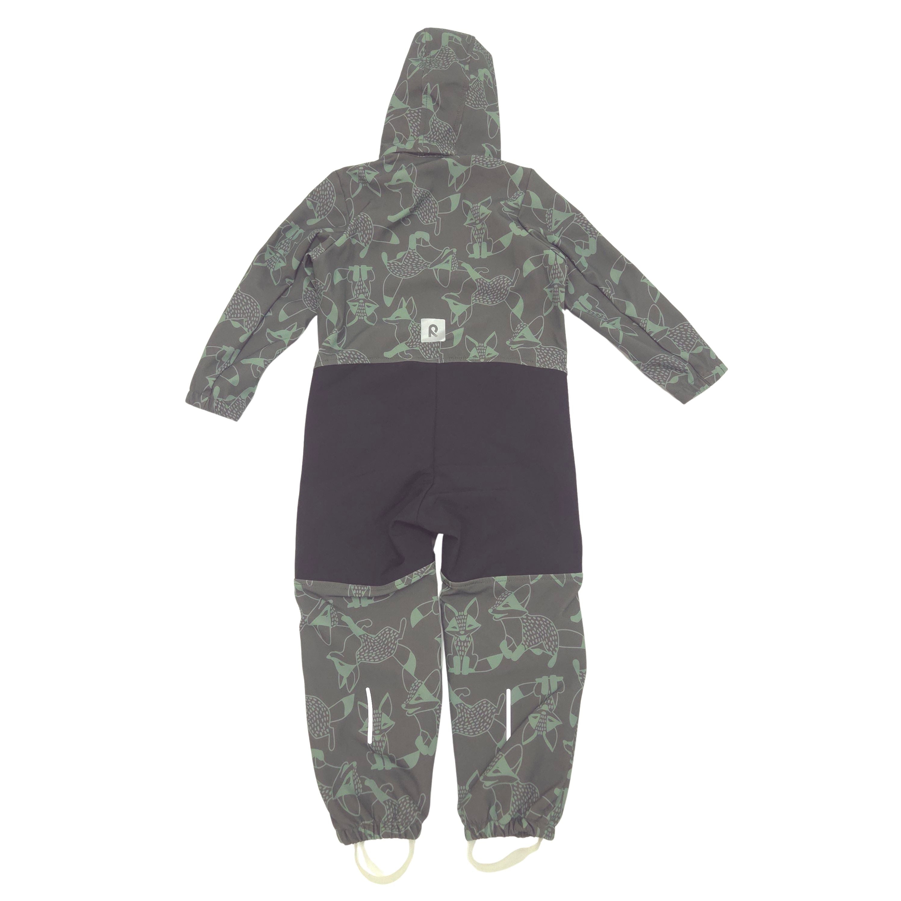 A children's hooded one-piece softshell suit in a dark green color with a light green animal print back image