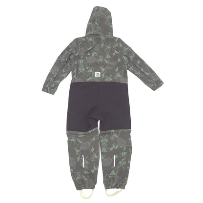 A children's hooded one-piece softshell suit in a dark green color with a light green animal print back image