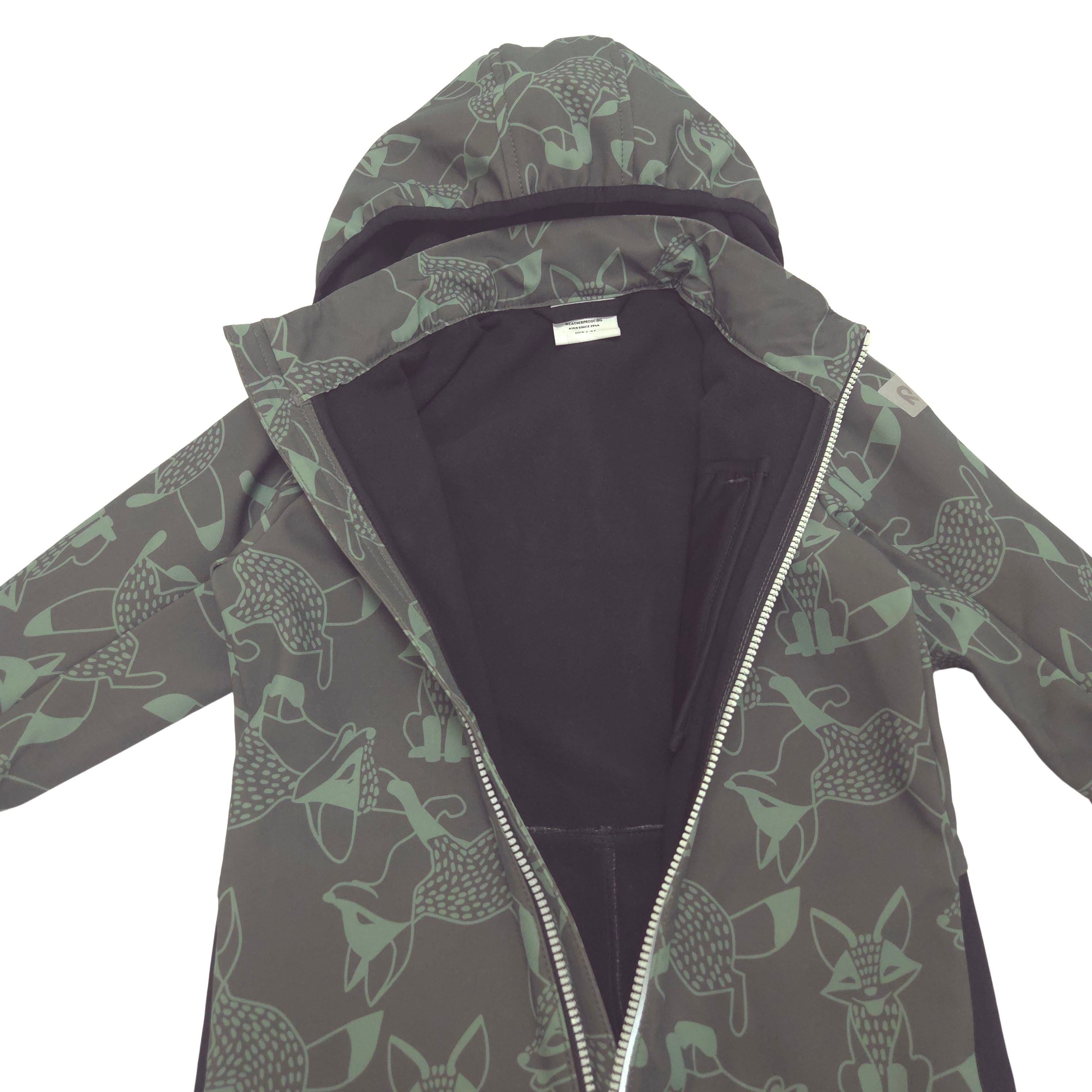 A children's hooded one-piece softshell suit in a dark green color with a light green animal print open front