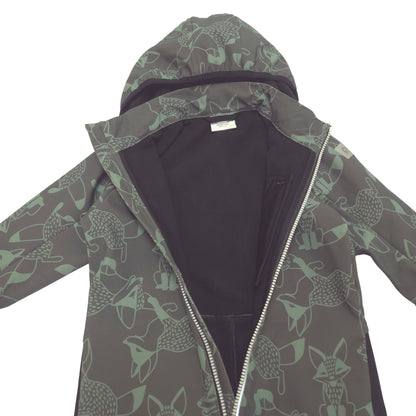 A children's hooded one-piece softshell suit in a dark green color with a light green animal print open front