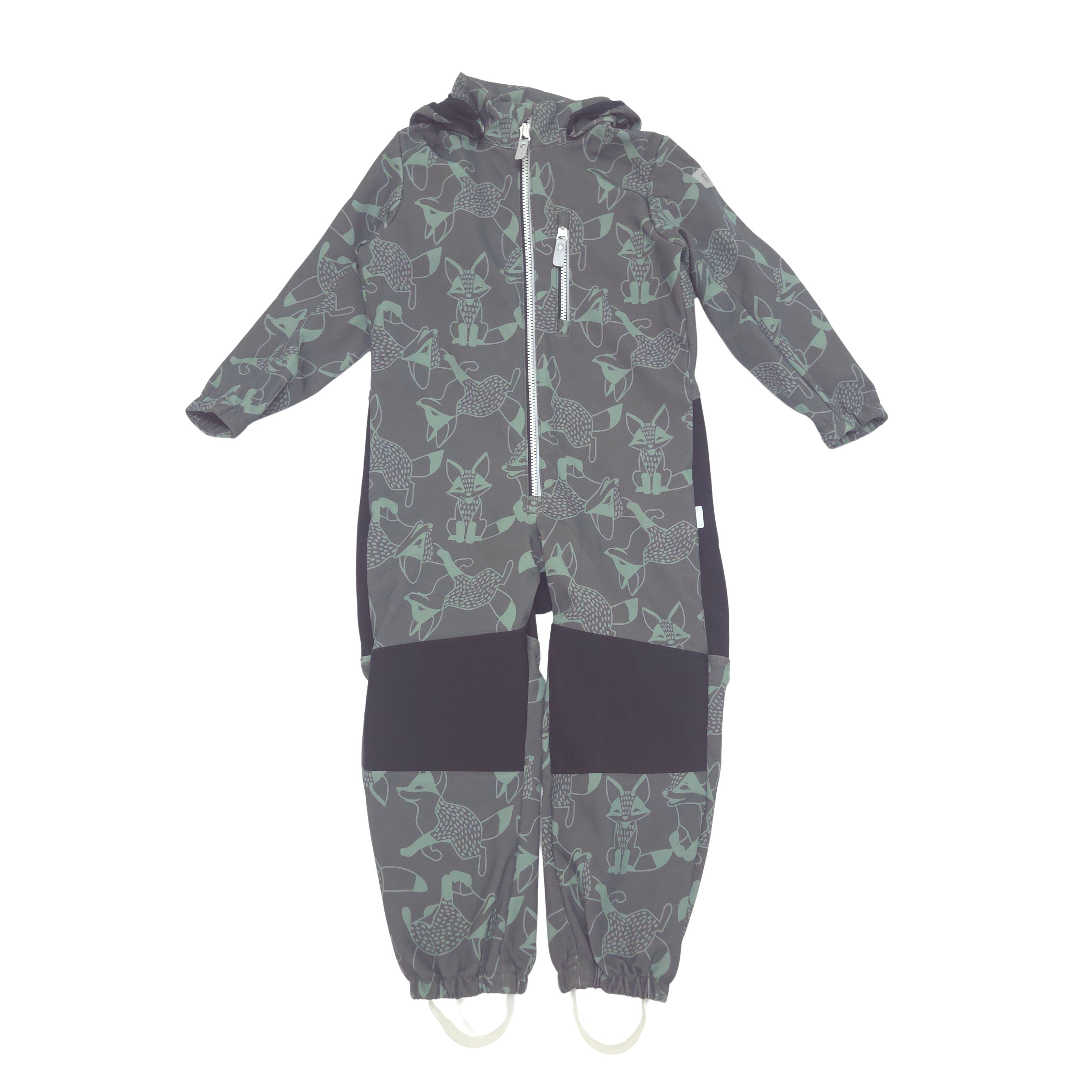 A children's hooded one-piece softshell suit in a dark green color with a light green animal print and contrasting black paneling on the legs, shown against a plain white background.