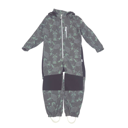 A children's hooded one-piece softshell suit in a dark green color with a light green animal print and contrasting black paneling on the legs, shown against a plain white background.