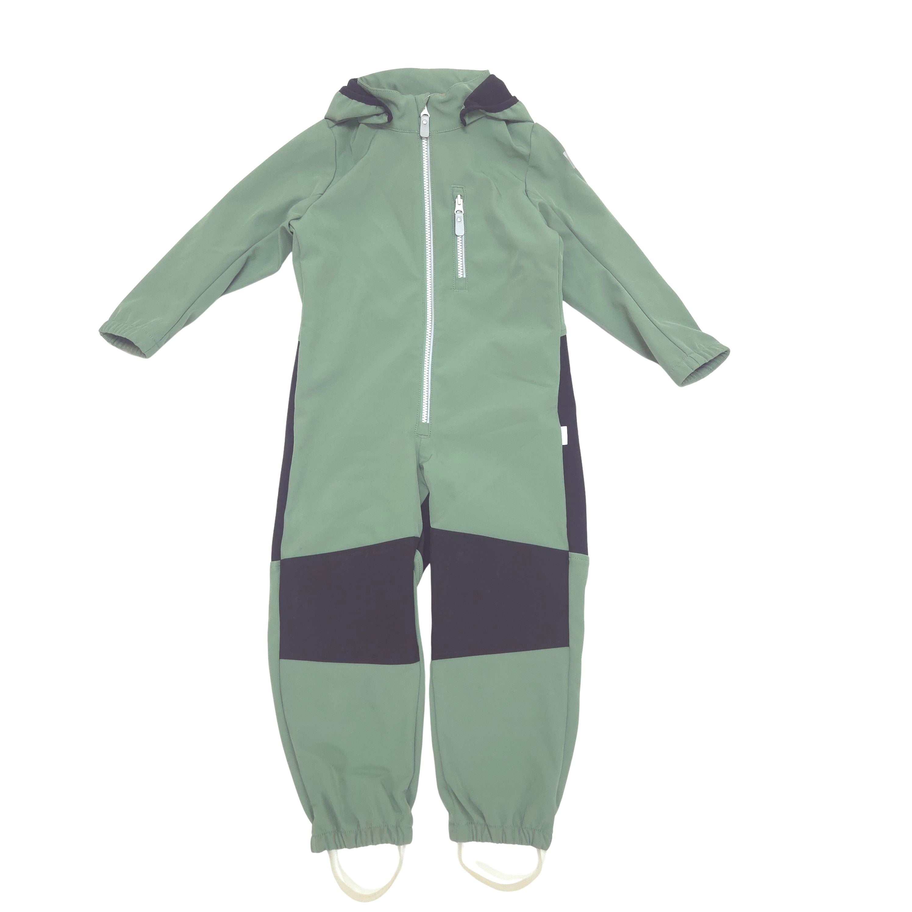 A one-piece hooded soft shell suit in sage green with black panels and a white zipper, shown flat on a white background.