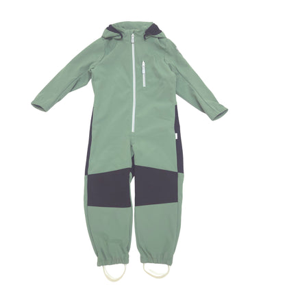 A one-piece hooded soft shell suit in sage green with black panels and a white zipper, shown flat on a white background.