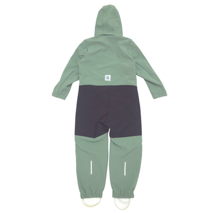 A hooded one-piece softshell suit shown from the back, featuring a sage green color-blocked design with a black panel across the upper thighs and white zipper details on the legs.