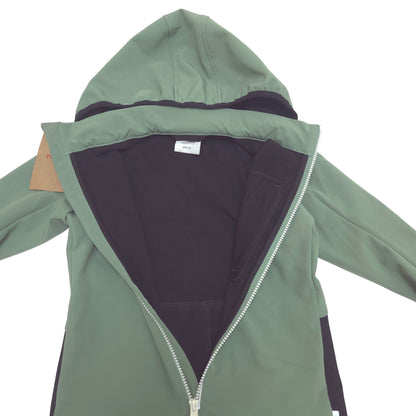 A sage green hooded jacket with a black interior lining and a silver zipper, shown open against a plain white background.