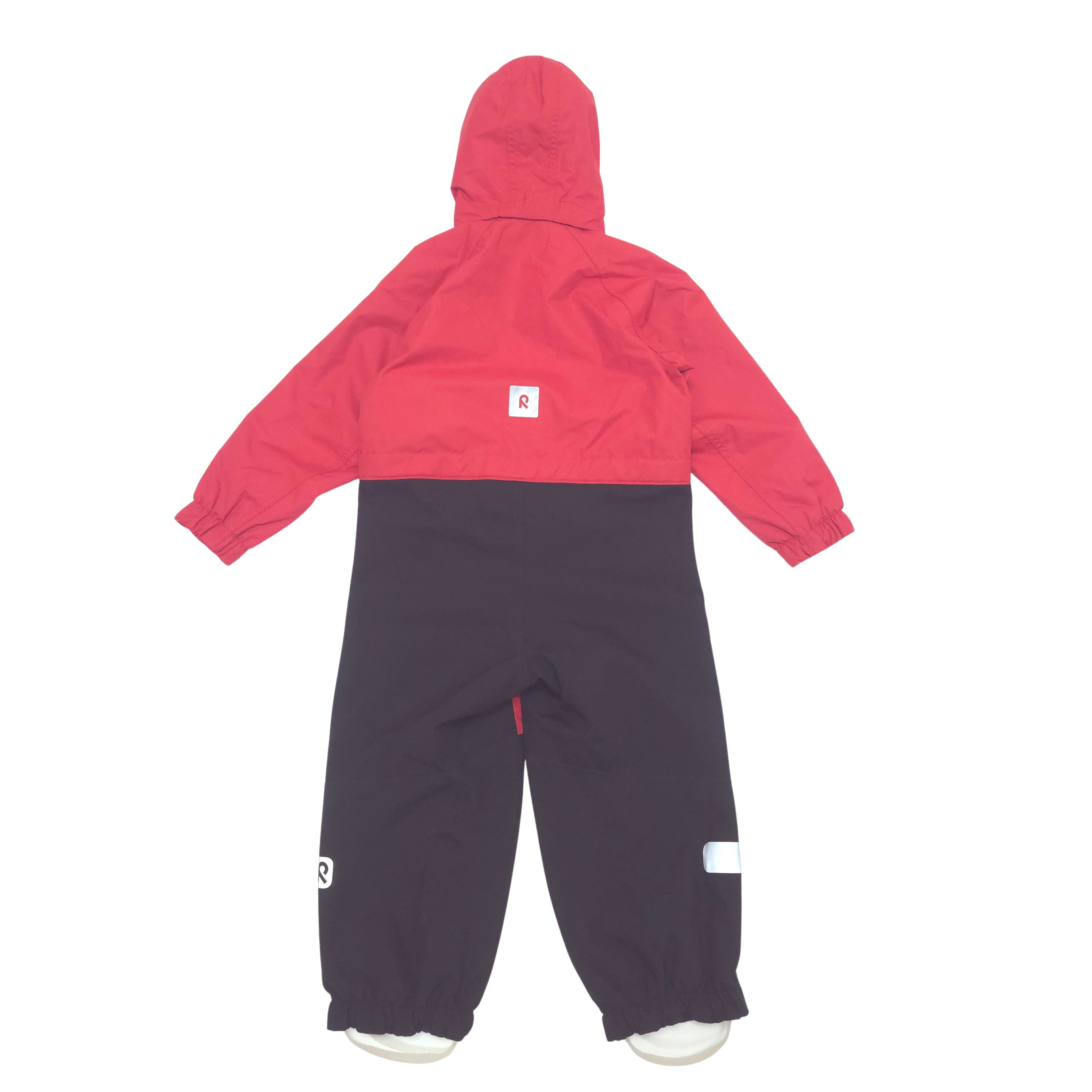 A children's hooded rainsuit in red and black, featuring reflective silver stripes on legs back image