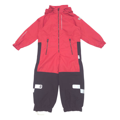 A children's hooded rainsuit in red and black, featuring reflective silver stripes, zippered pockets, and a white logo patch on the leg.