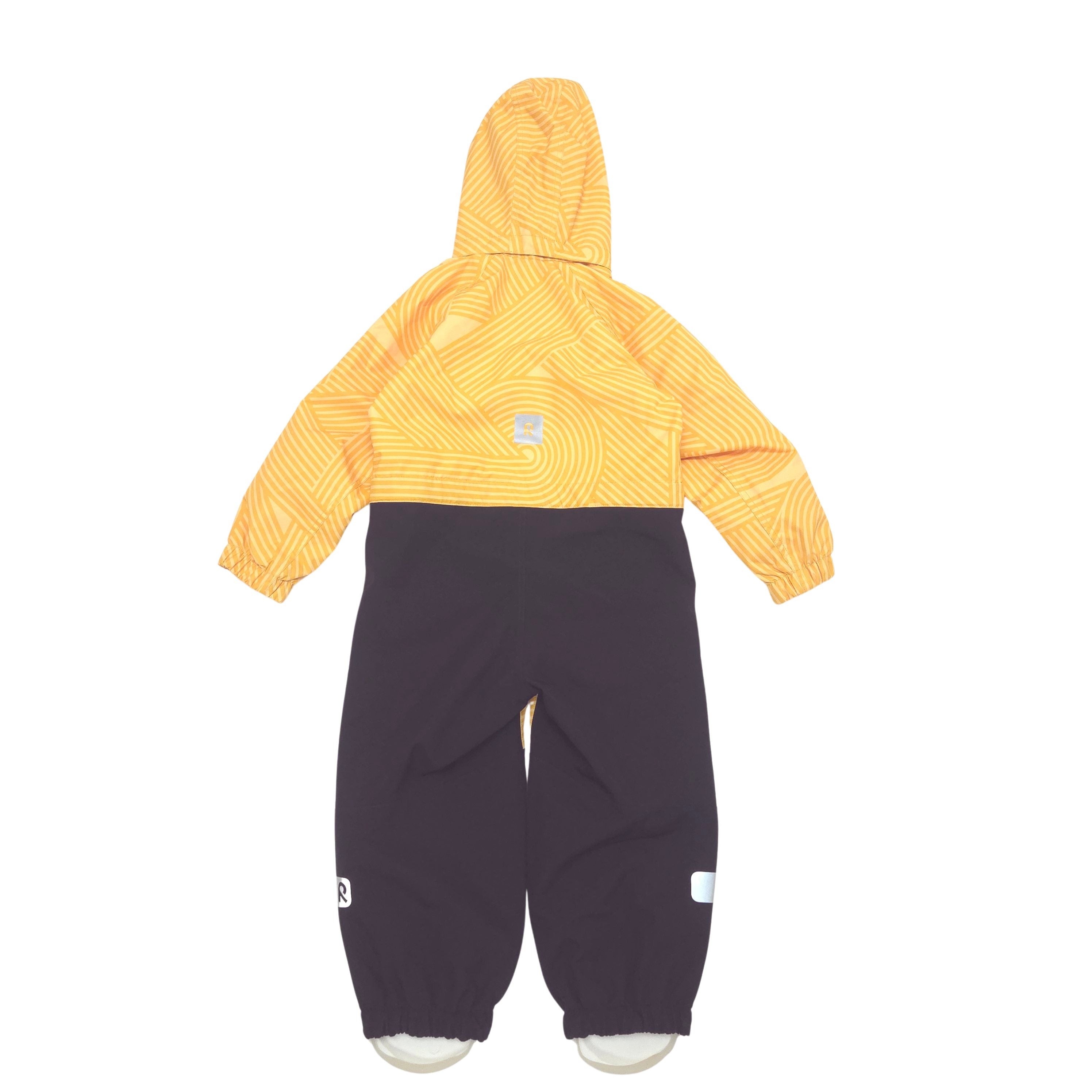 A shell suit shown flat against a white background, featuring a bright yellow hooded and black pants.