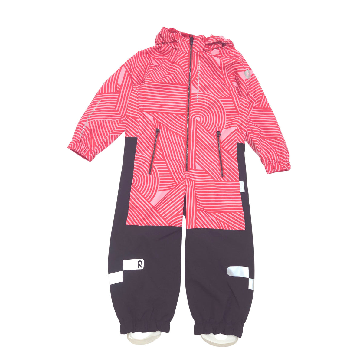 A children's hooded one-piece shell suit with a pink and red wavy geometric pattern on the upper body and sleeves, and solid dark charcoal/black lower legs with reflective white striping.