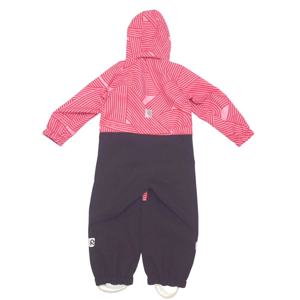 A hooded shell suit with a bright pink and red wavy patterned upper half and long sleeves, and solid black lower half and legs, shown flat on a white background.