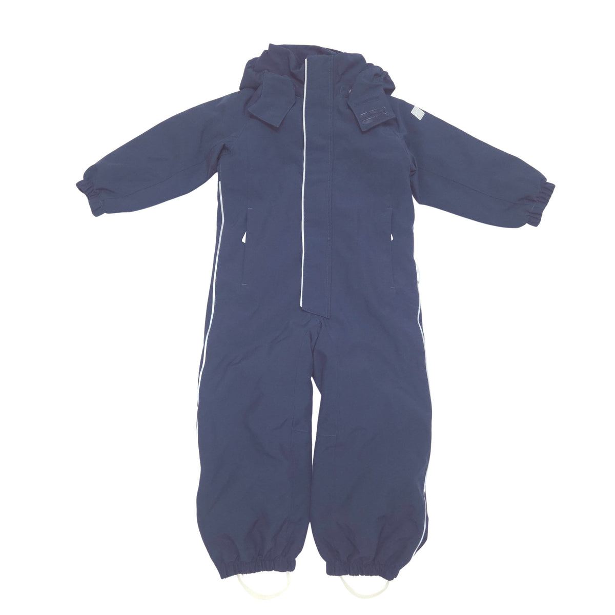 A navy blue hooded shell suit with white piping details along the zipper and side seams, laid flat against a white background.