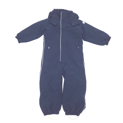 A navy blue hooded shell suit with white piping details along the zipper and side seams, laid flat against a white background.