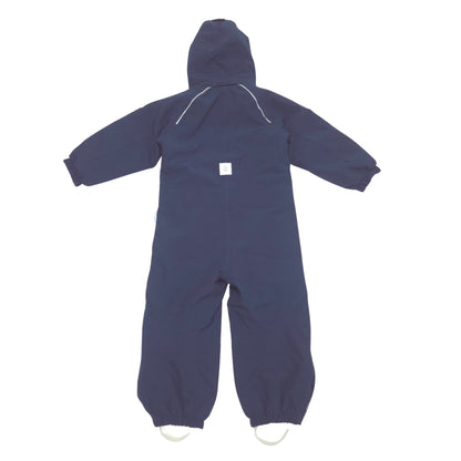 A navy blue hooded shell suit with white piping details and silicon boot straps at the foot openings, displayed flat against a white background.