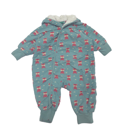 A baby hooded one-piece snowsuit in a dusty teal blue, featuring an all-over print of red foxes with white accents. The inside hood is lined with soft white fleece.