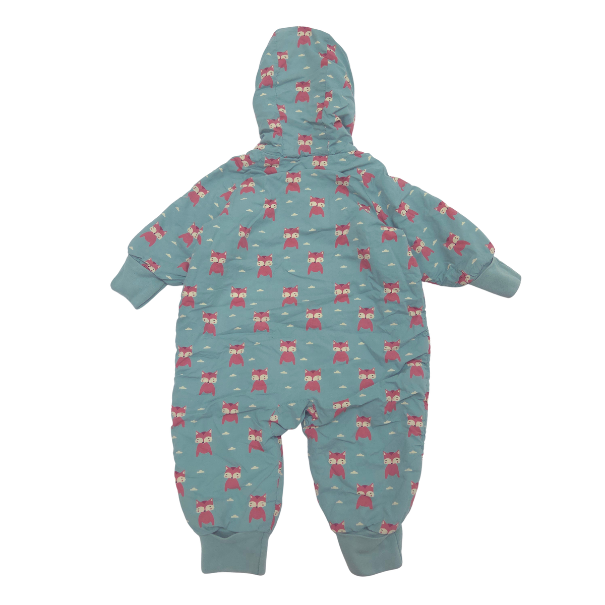 A baby hooded one-piece snowsuit in dusty teal blue, featuring an all-over print of red cartoon foxes with small cream clouds. The garment has ribbed cuffs and ankles and is shown flat against a solid white background.