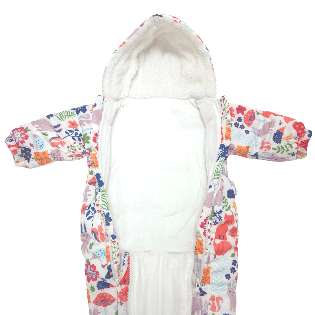 A hooded baby overal with a colorful floral and animal print on a white background, featuring a plush white faux-fur hood lining and a white inner body.
