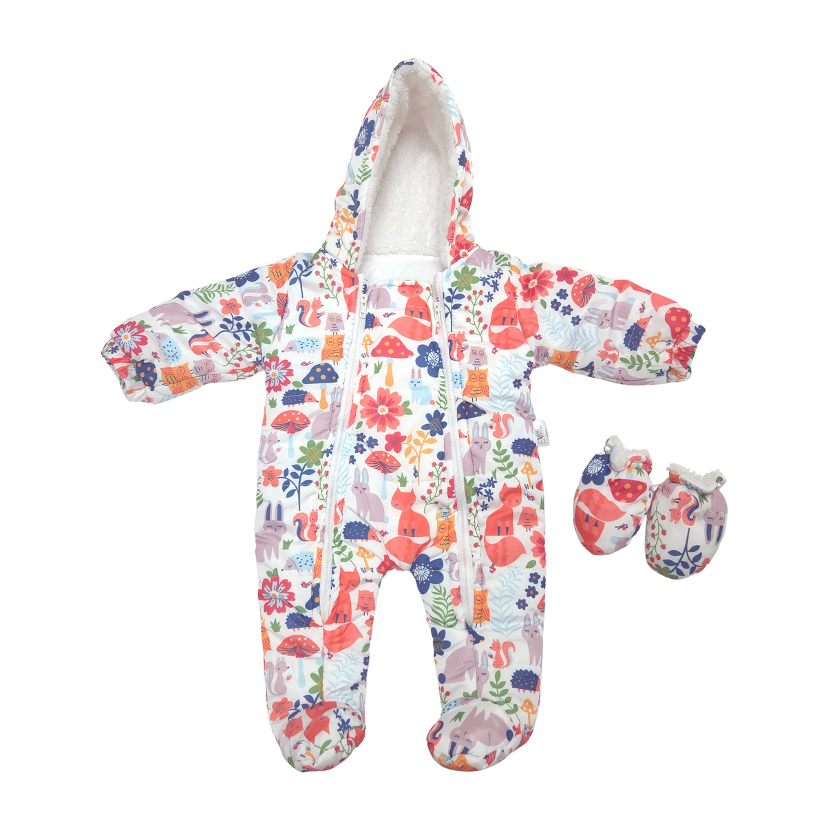 A baby footed one-piece sleeper with a colorful woodland print, shown with a matching pair of booties on a plain white background.
